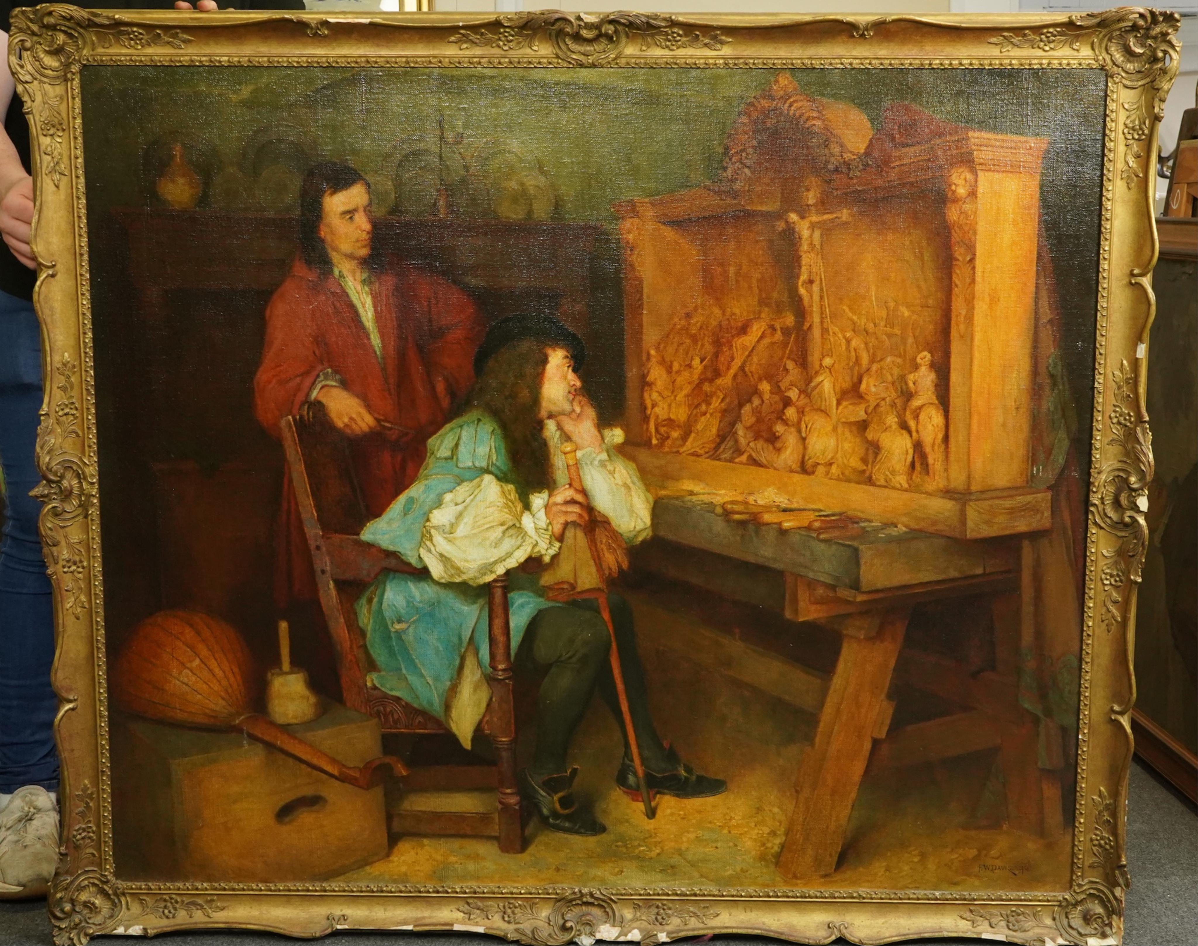 Frederick William Davis RBA RBSA, (1862-1919), Charles II inspecting work by Grinling Gibbons